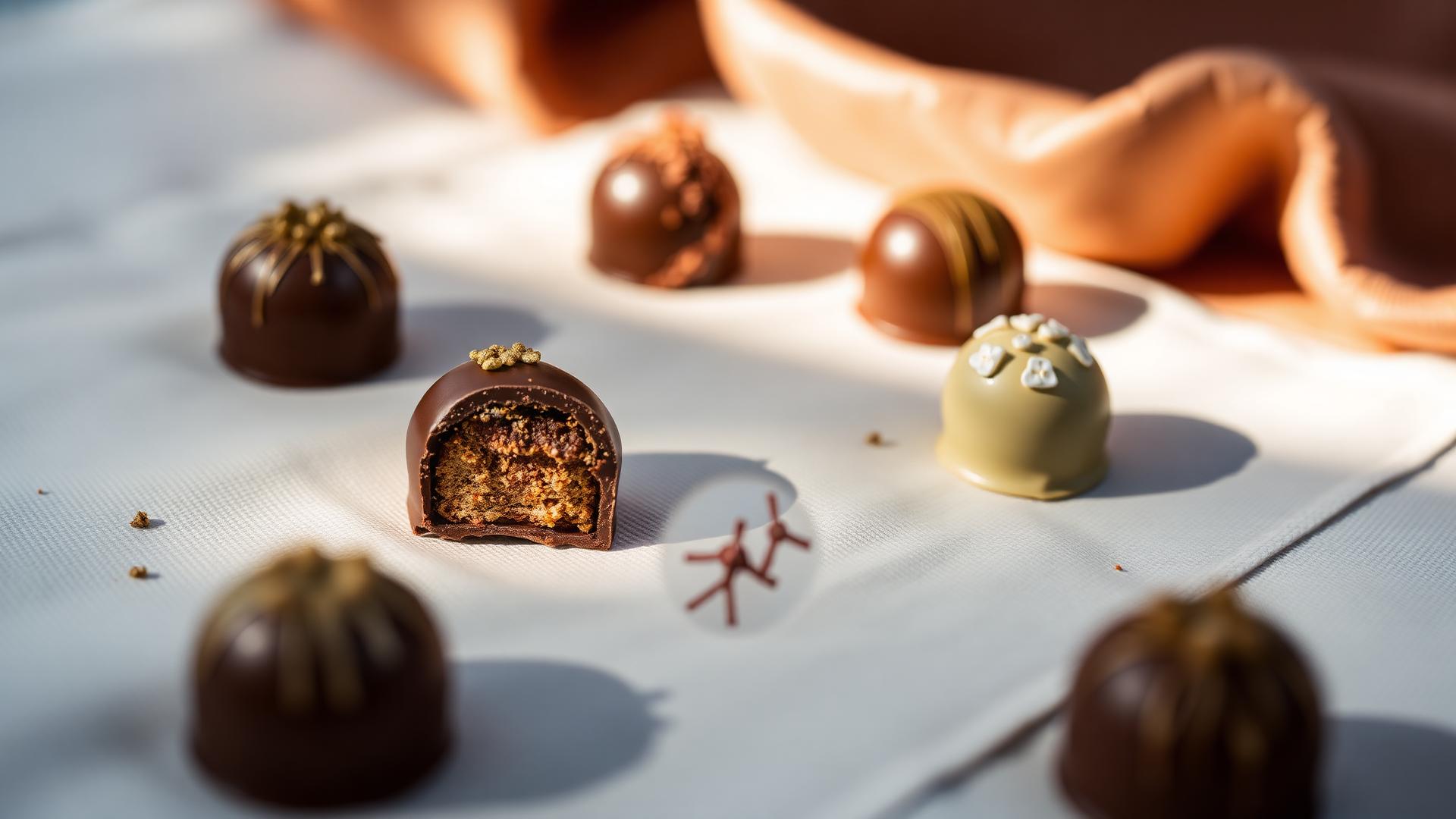 Hand-painted artisanal chocolates on ivory linen
